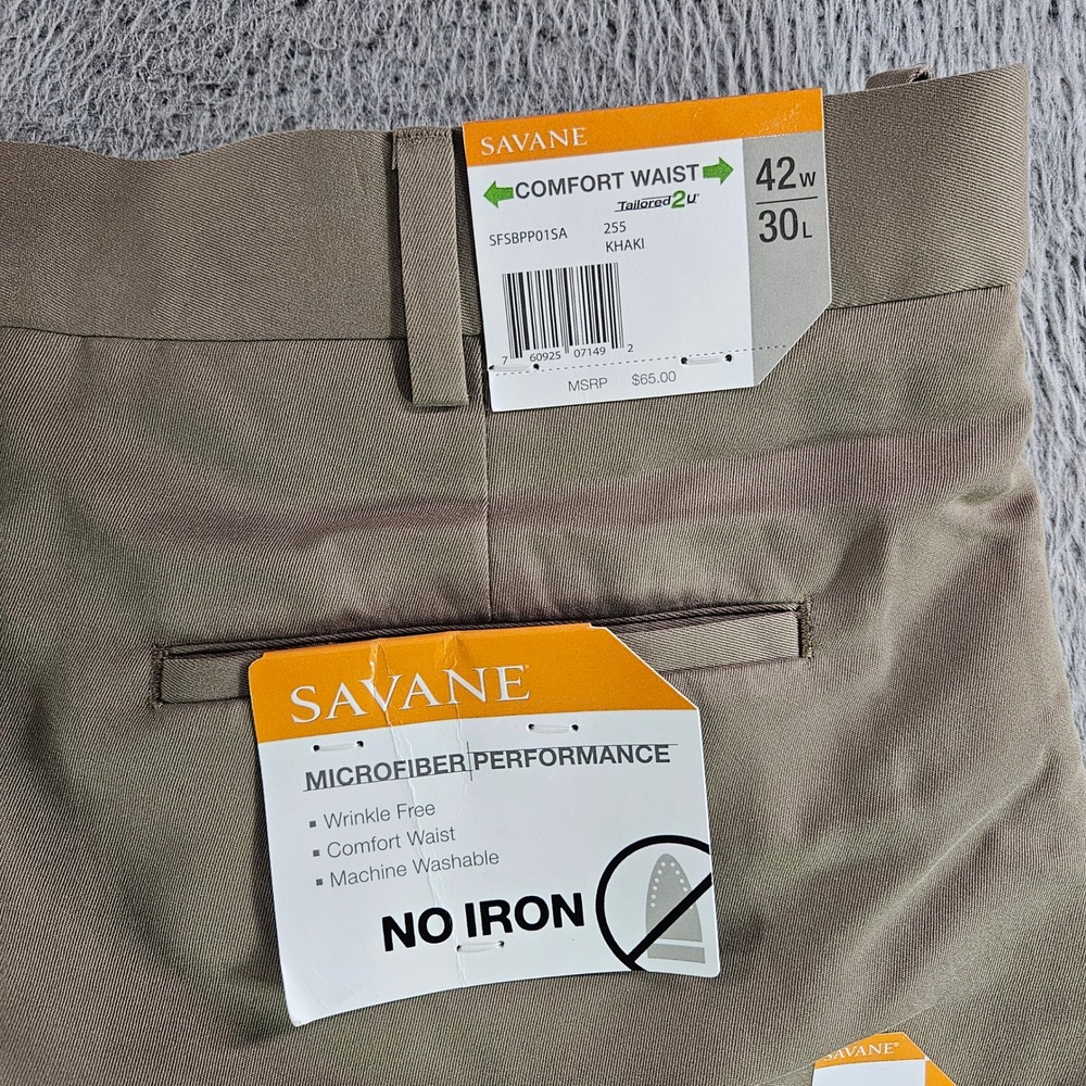 Savane Mens Khaki Microfiber Performance Pleated Dress Pants 42x30 NEW NWT